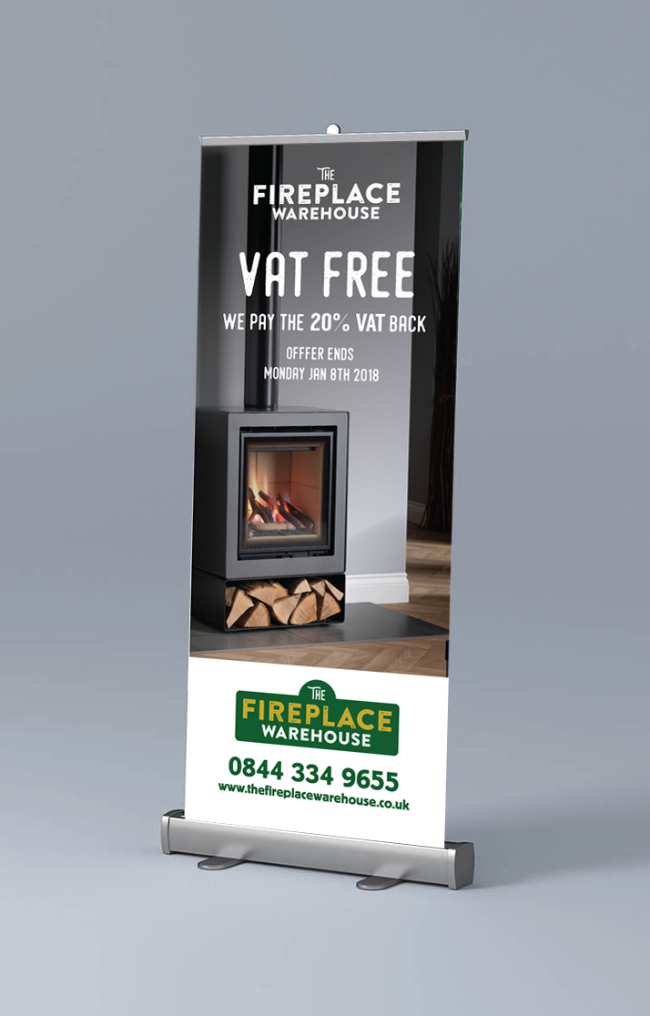 Fireplace advertising banner on a stand, showing a stove and the words “FAT FREE” with contact details.