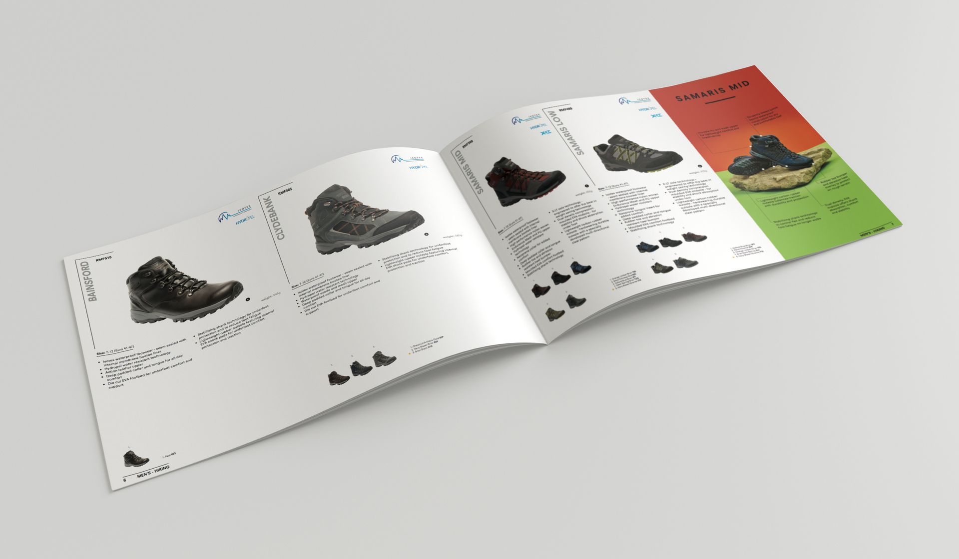 Open shoe catalog spread with multiple sneaker photos and colored sections