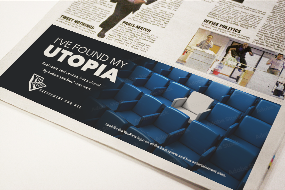 Magazine spread with a large blue seating ad reading “I’VE FOUND MY UTOPIA”