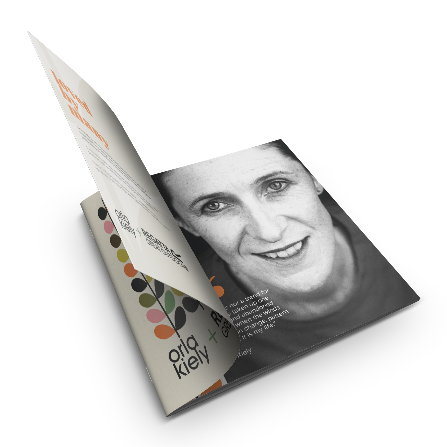Folded brochure with a black-and-white portrait and colorful dot design on a white background