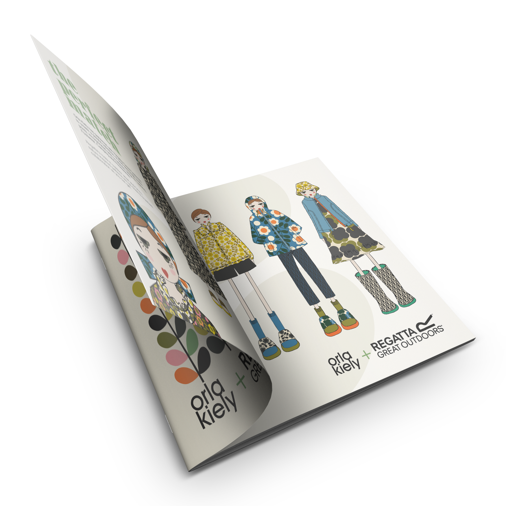 Open fashion brochure showing colorful clothing illustrations on white pages