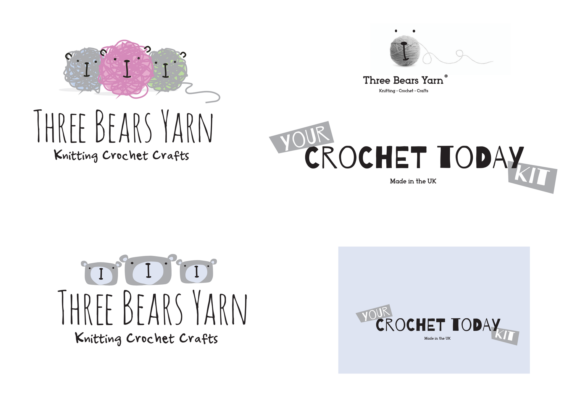 Logo collage with crochet brand names in black, gray, pink, and blue on a white background