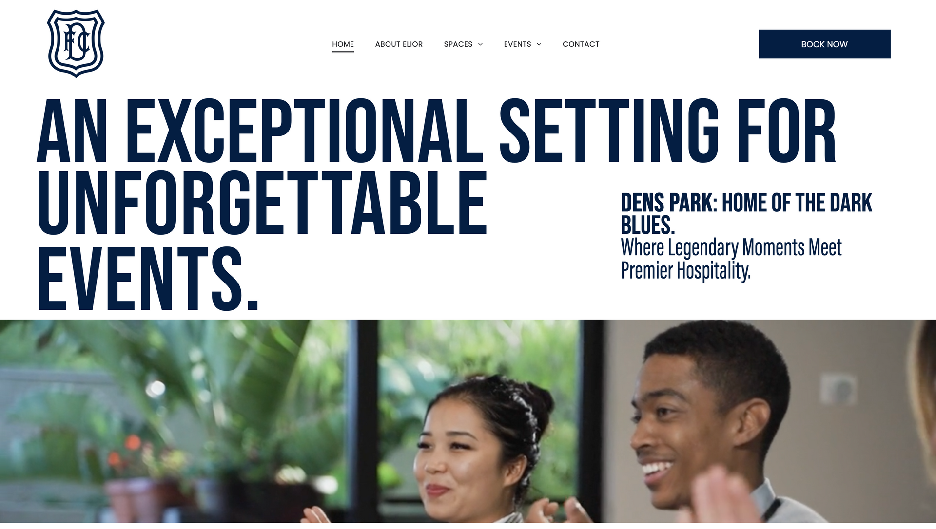 University event venue webpage with large headline and two smiling people in a bright indoor setting
