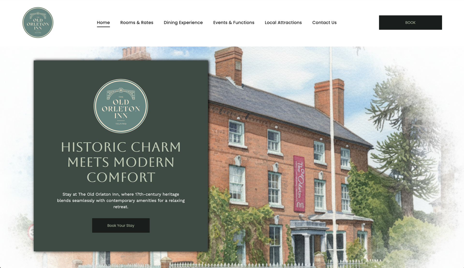 Hotel website homepage with a brick inn photo and dark green promotional text panel