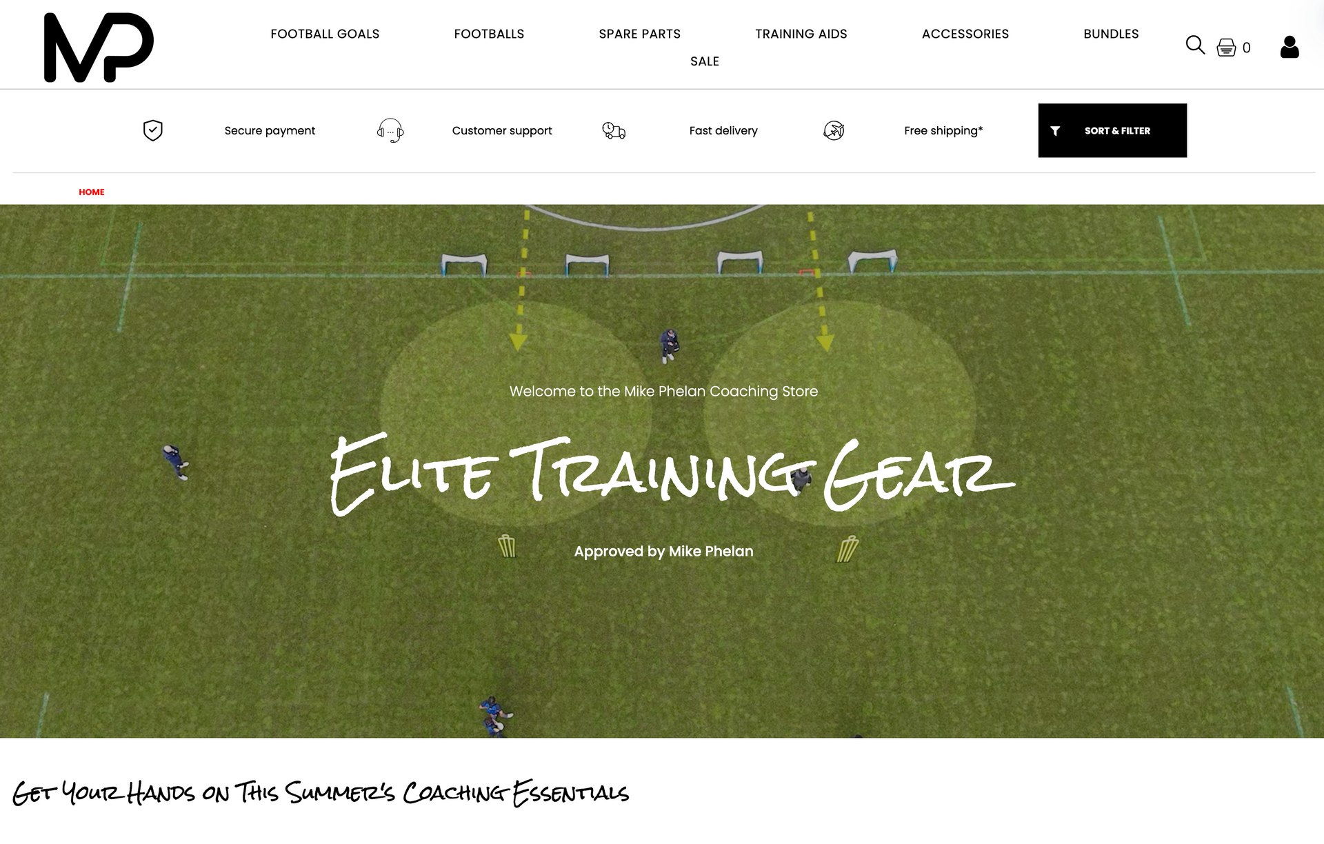 Website hero banner reading “Elite Training Gear” over a green sports field background.
