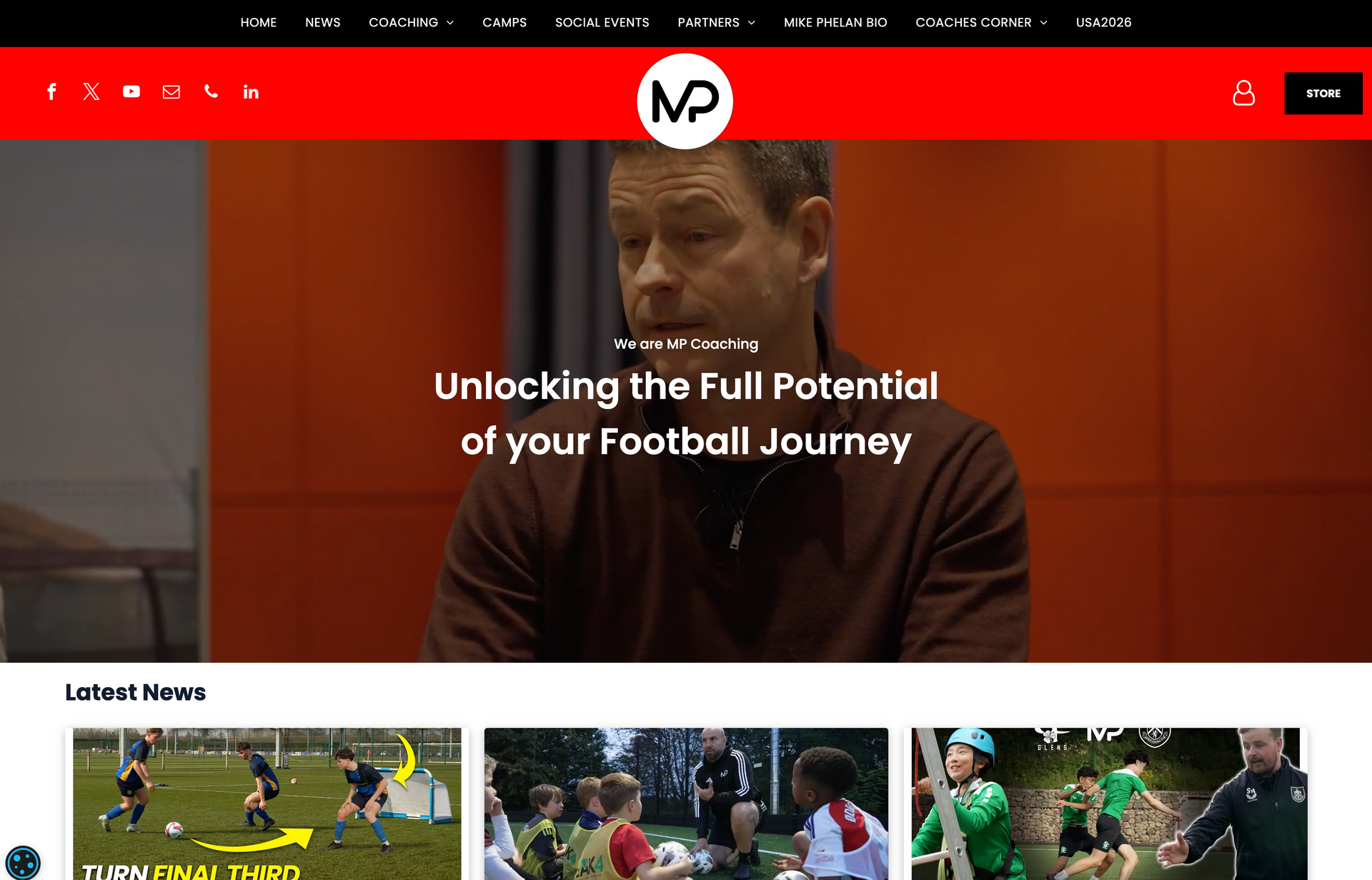Website homepage hero banner with football coach and the text “Unleashing the Full Potential of your Football Journey”