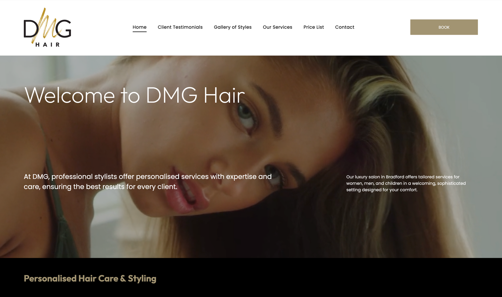 DVG Hair salon homepage with a blonde model banner and white navigation header