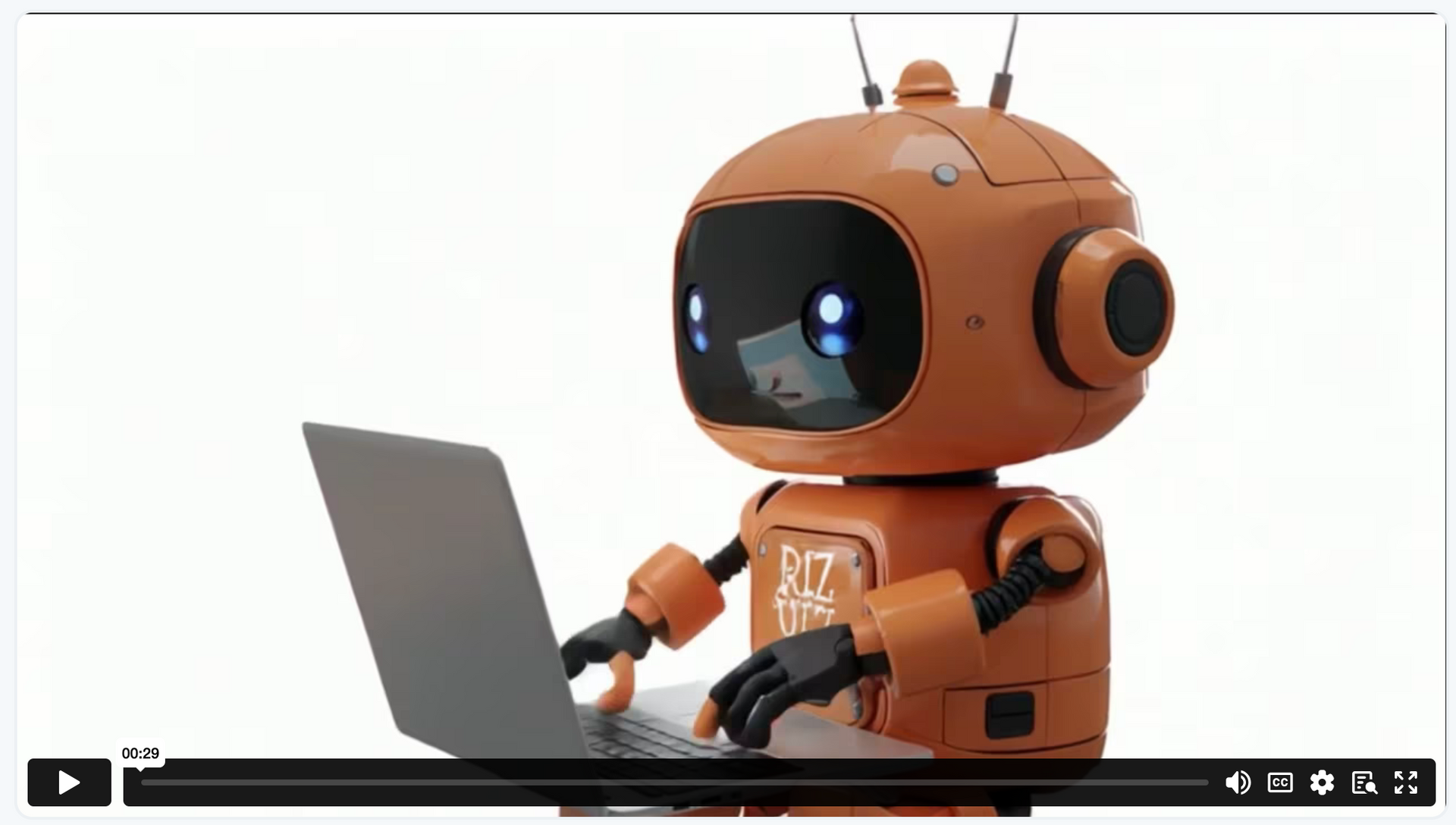 Orange robot using a laptop on a white background