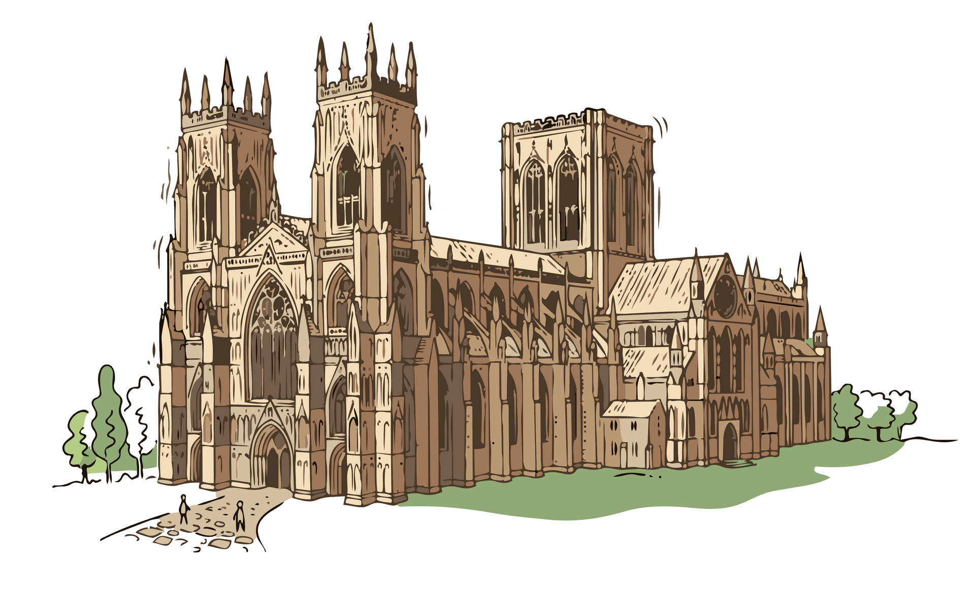 Sketch of a large Gothic cathedral with towers and detailed stone architecture.
