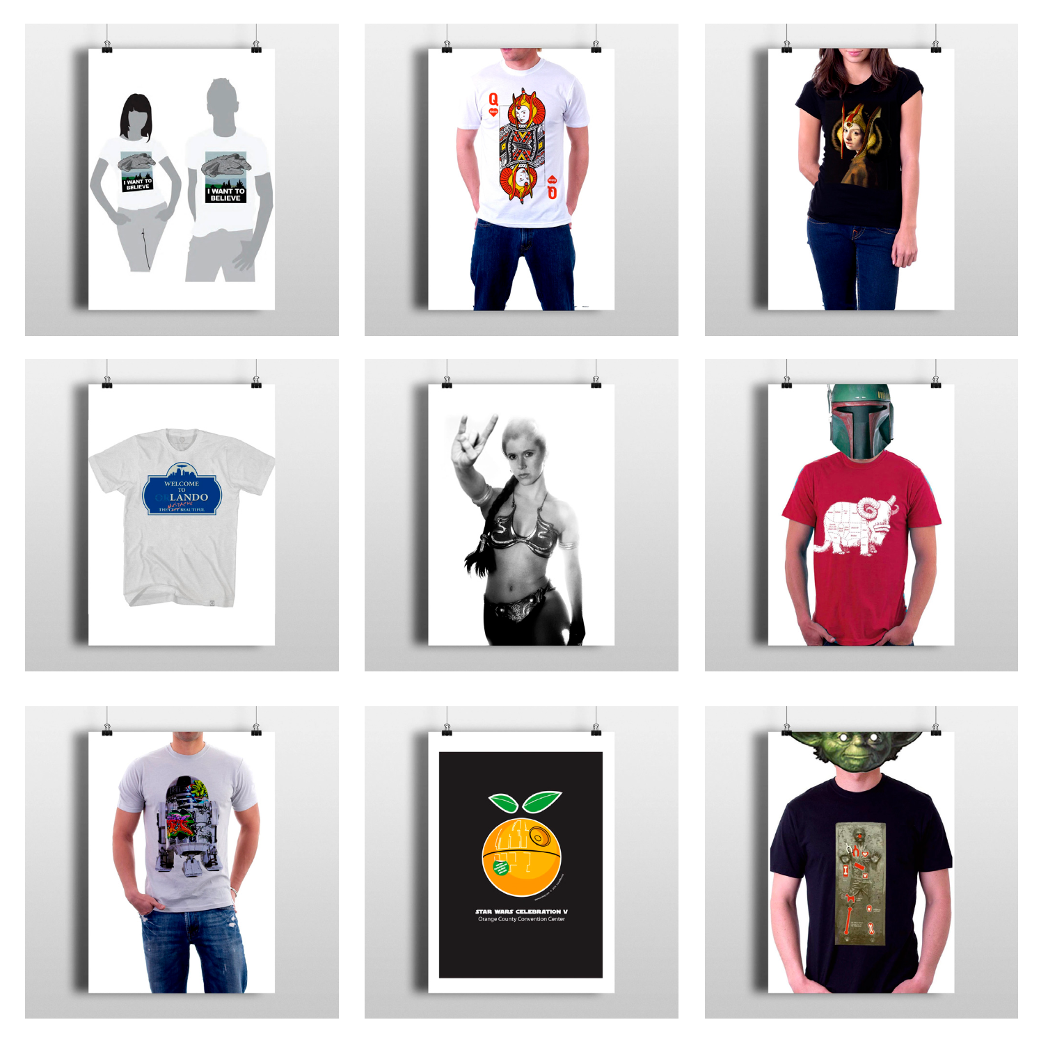 Grid of nine T-shirt mockups with various graphic prints on white backgrounds