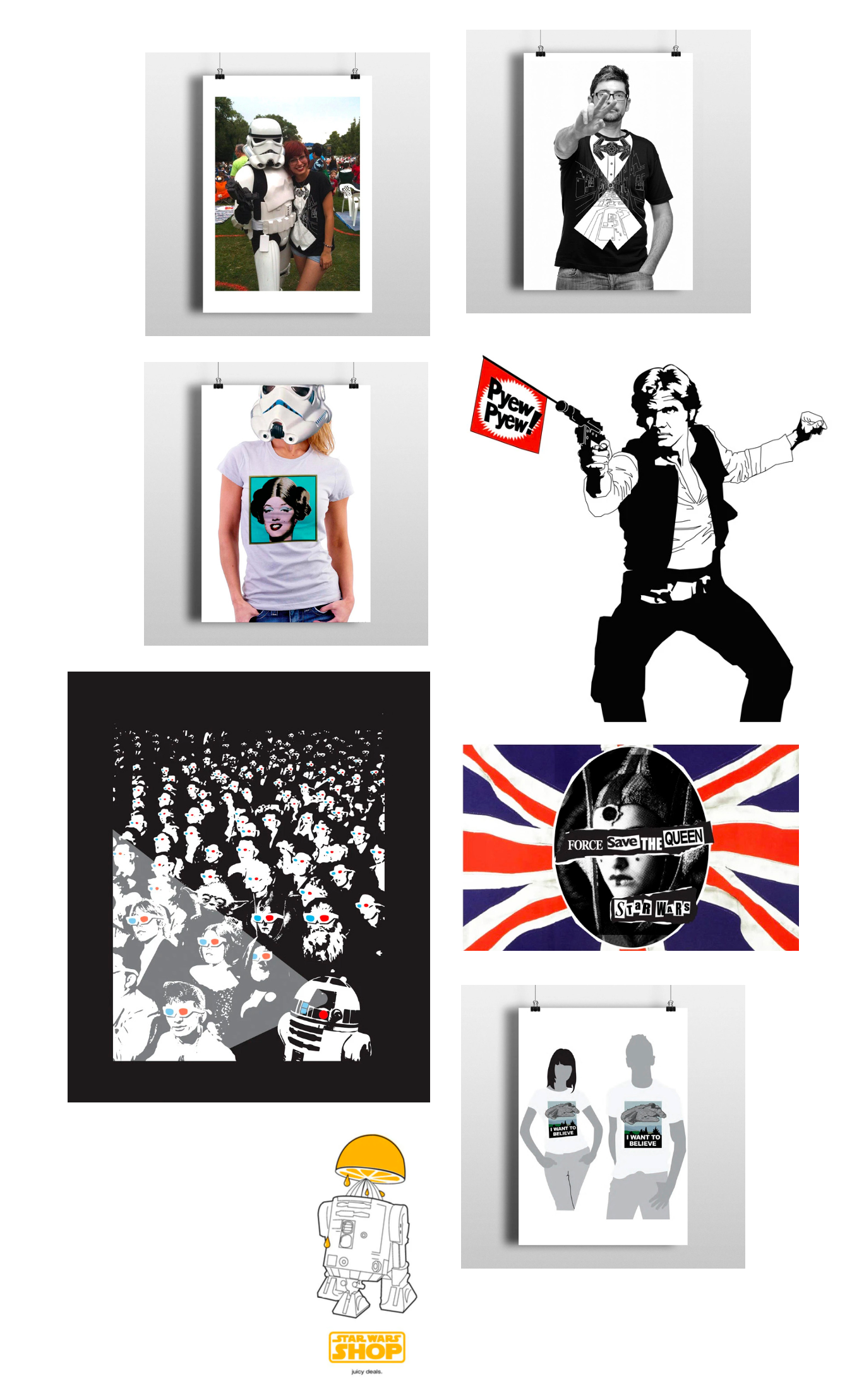 Collage of stylized pop-art portraits, including black-and-white, color-blocked, and Union Jack designs.