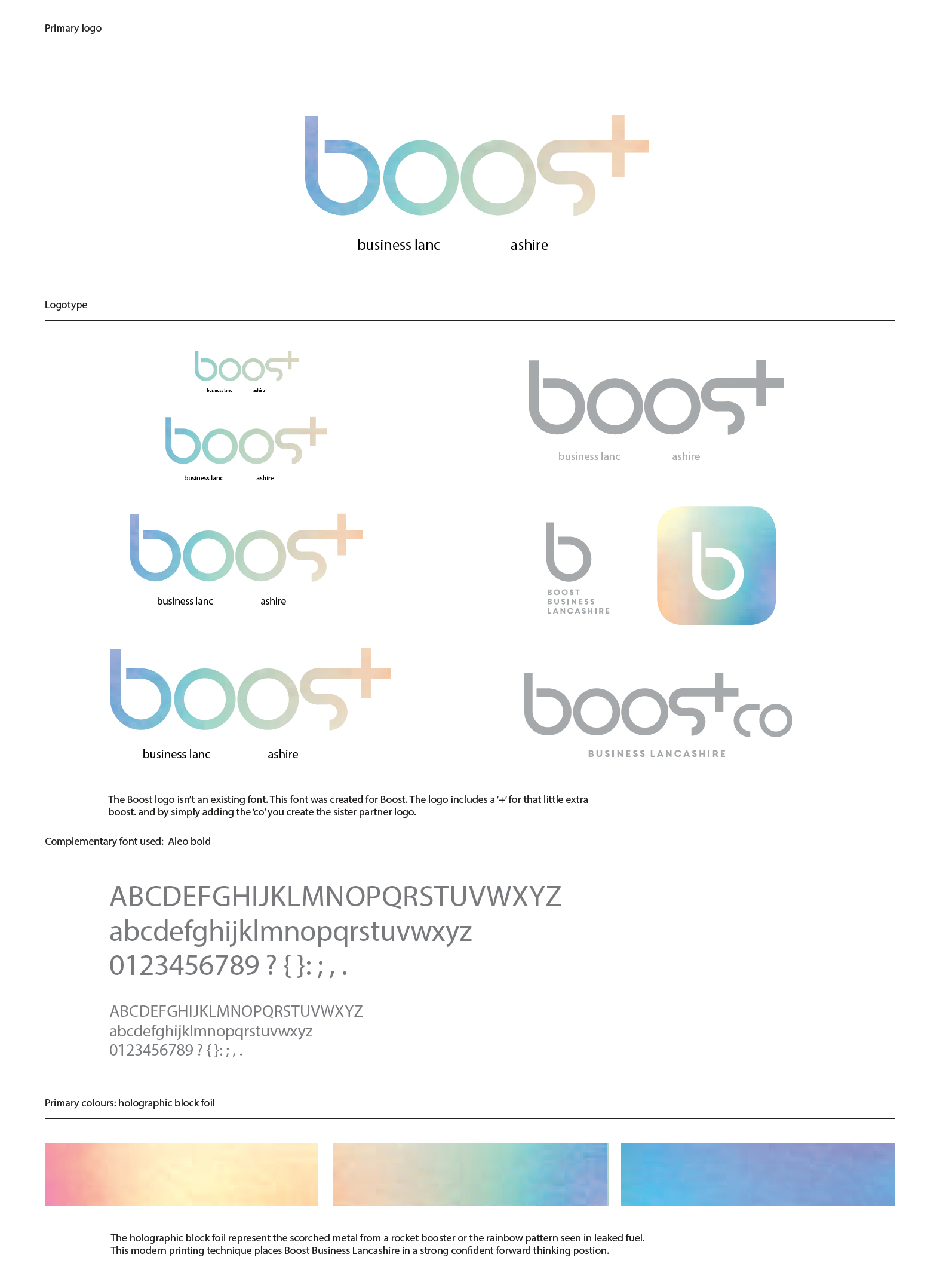 Boost brand logo variations in teal, blue, gray and peach on a white style guide page