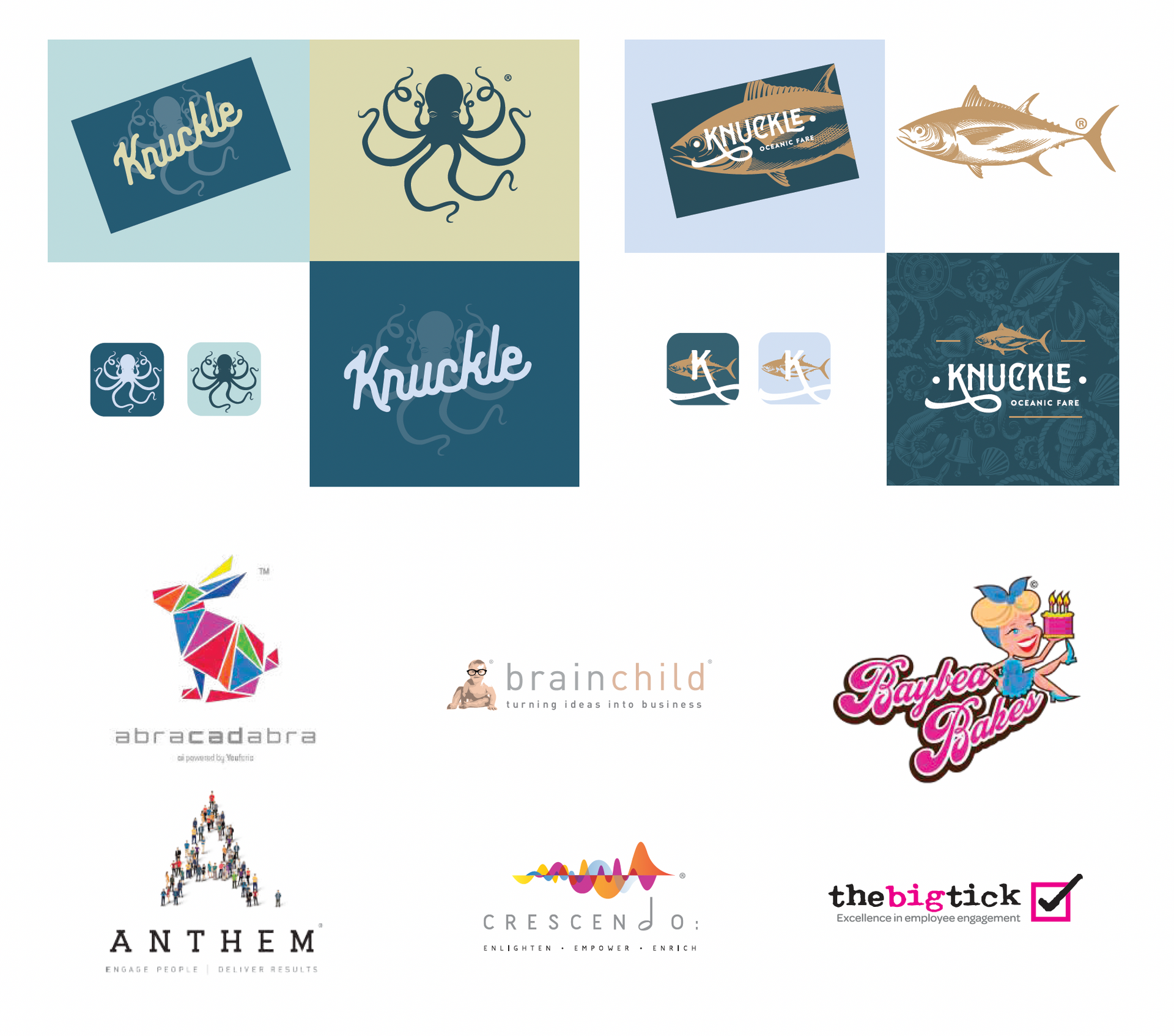 Grid of colorful logos and wordmarks for various brands on a white background