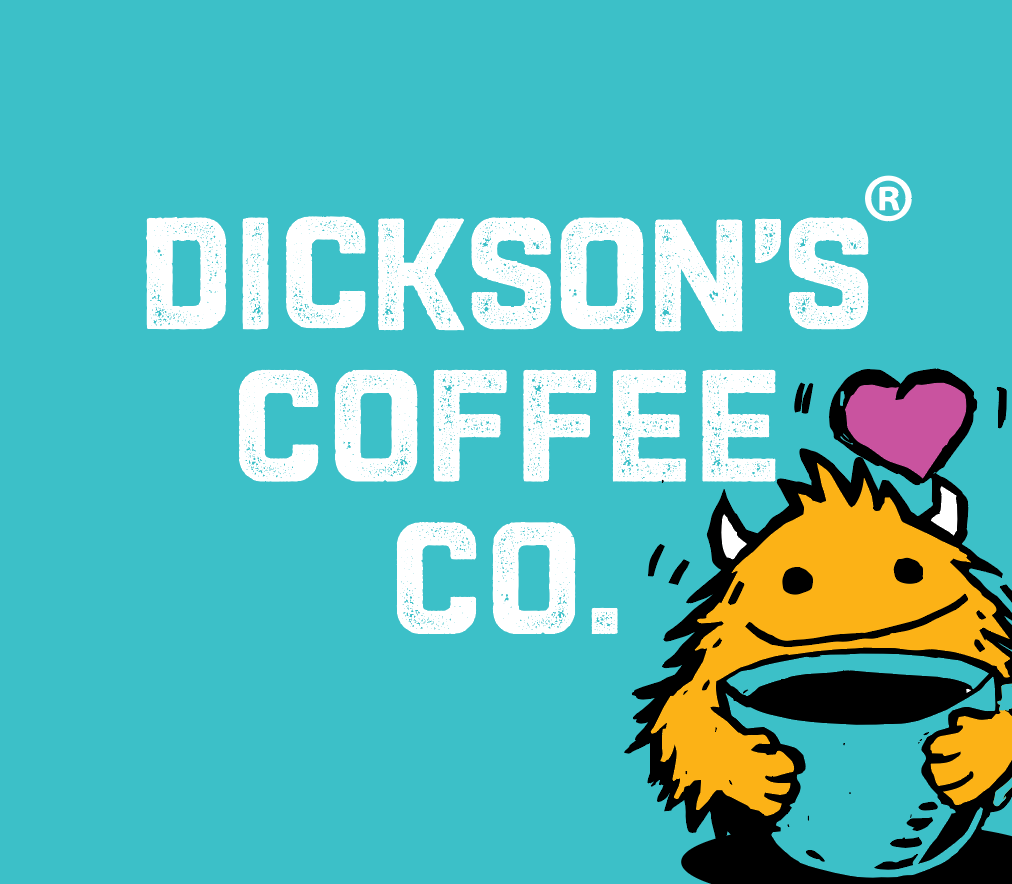 Dickson’s Coffee Co. logo with white text and a yellow fuzzy character holding a blue cup under a pink heart