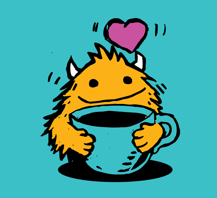 Cartoon orange fuzzy monster holding a teal mug with a pink heart floating above its head.