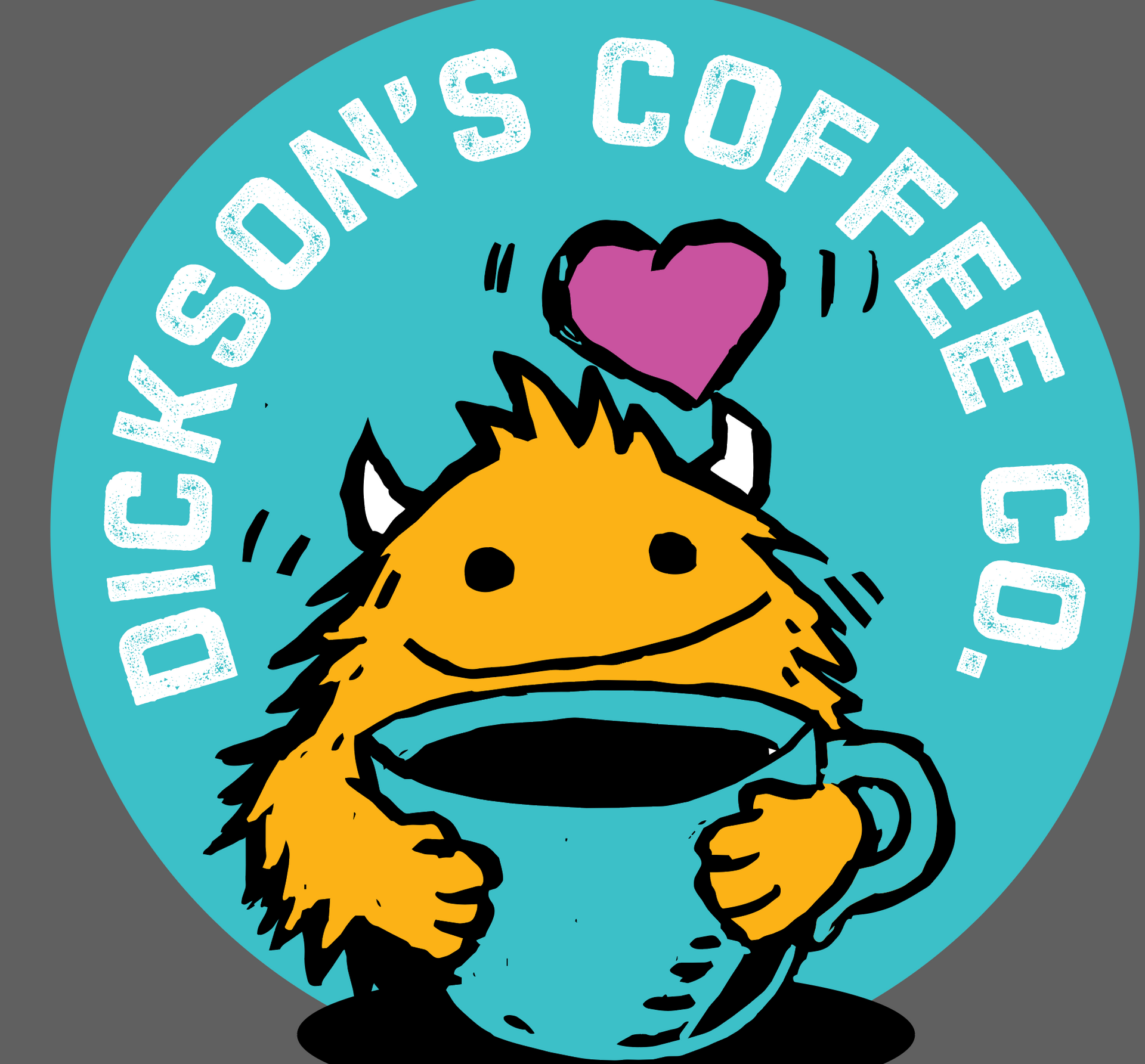 Dickson's Coffee Co. logo: smiling orange furry mascot holding a teal mug with a pink heart above