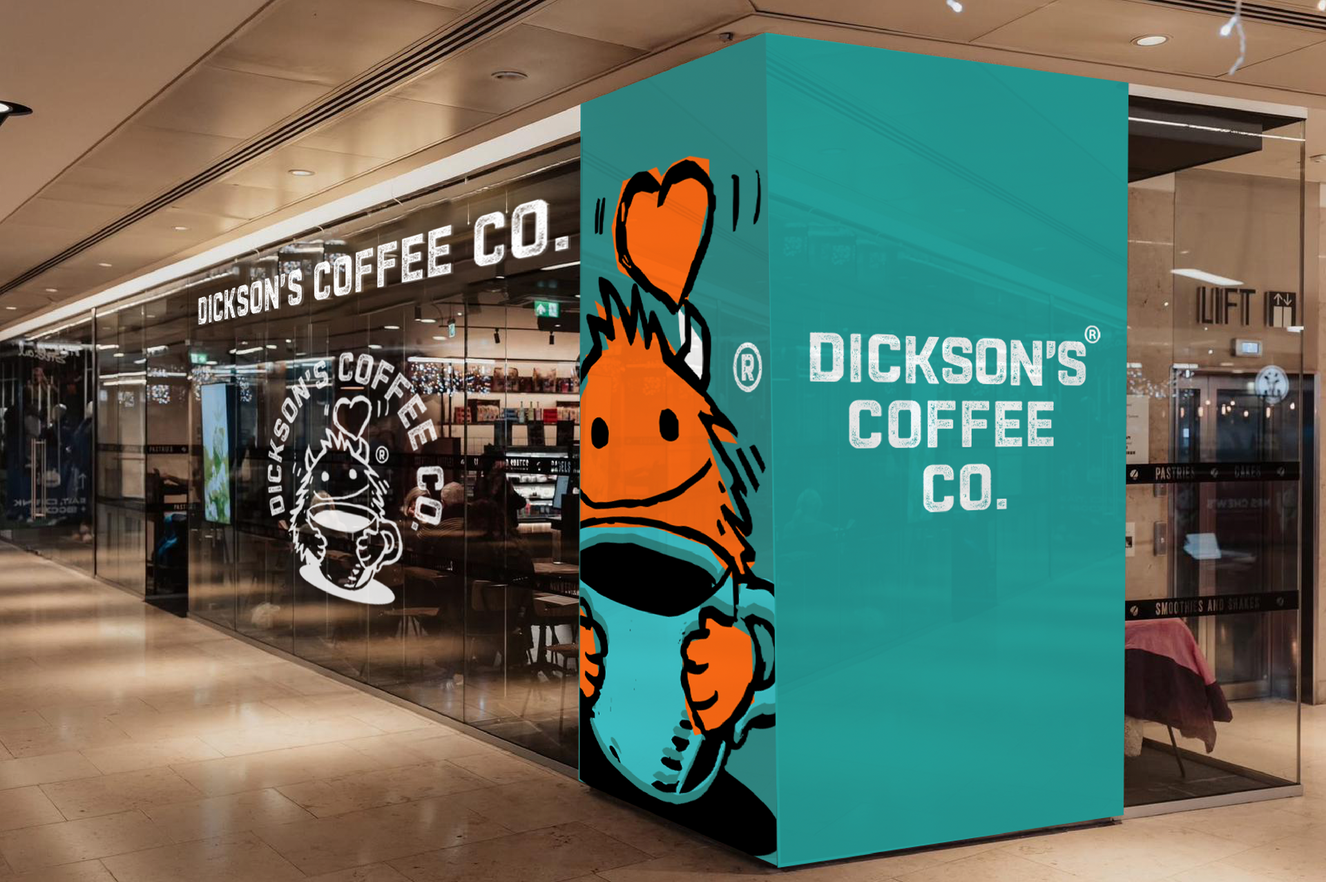 Dickson’s Coffee Co. storefront with a turquoise sign and orange cartoon coffee cup mascot