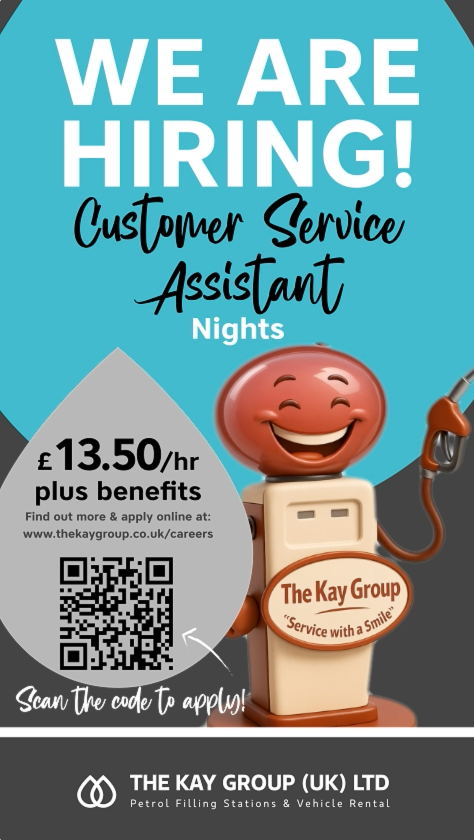 Hiring poster for Customer Service Assistant Nights, with smiling employee mascot and pay details