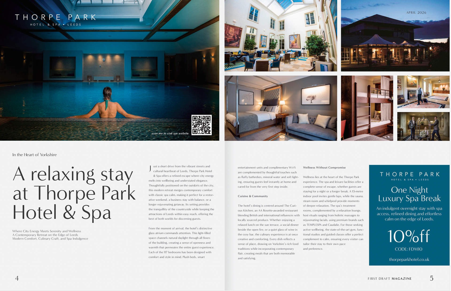 Brochure spread for Aavaika Stay at Thorpe Park Hotel & Spa with lobby, rooms, and exterior photos