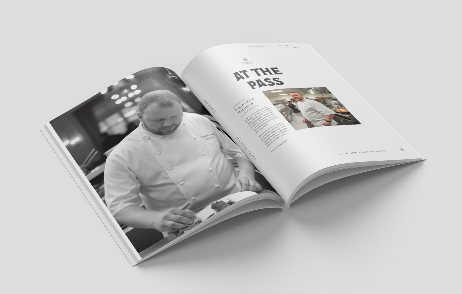 Open magazine on a white background, showing a black-and-white portrait and a colorful page layout.