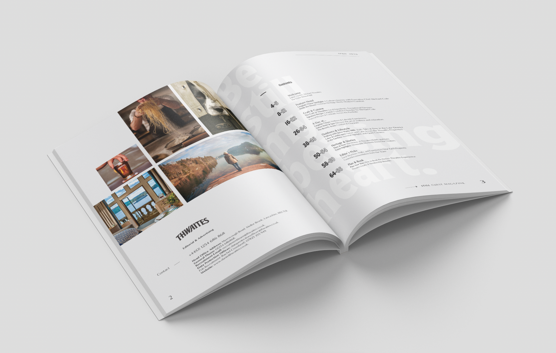 Open book with interior design photos and text on white pages