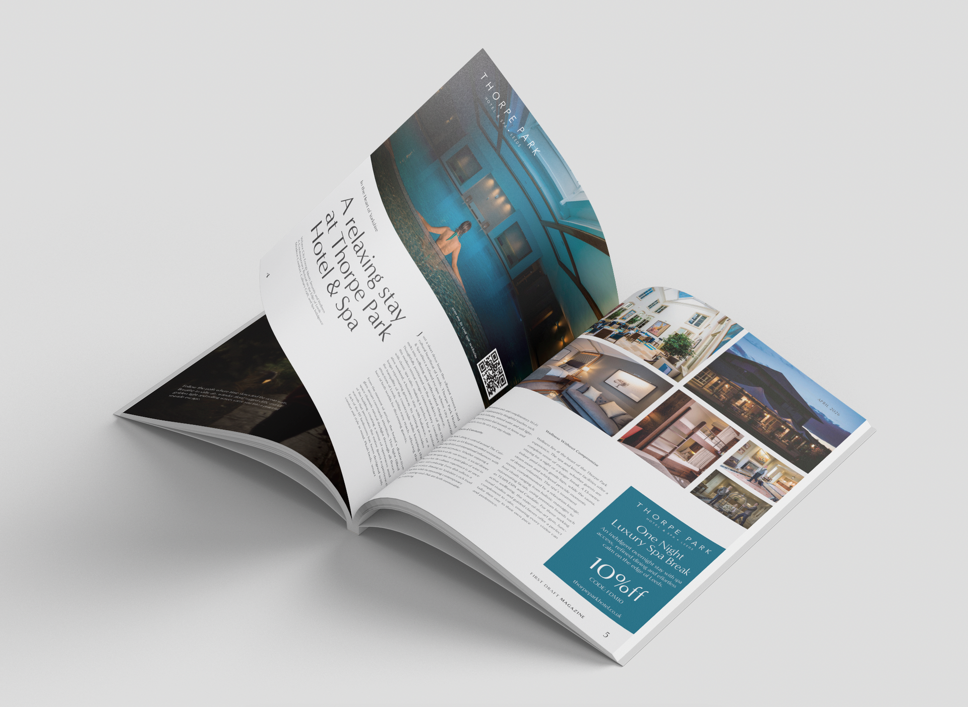 Open brochure with blue and white pages showing photos and text on a light gray background