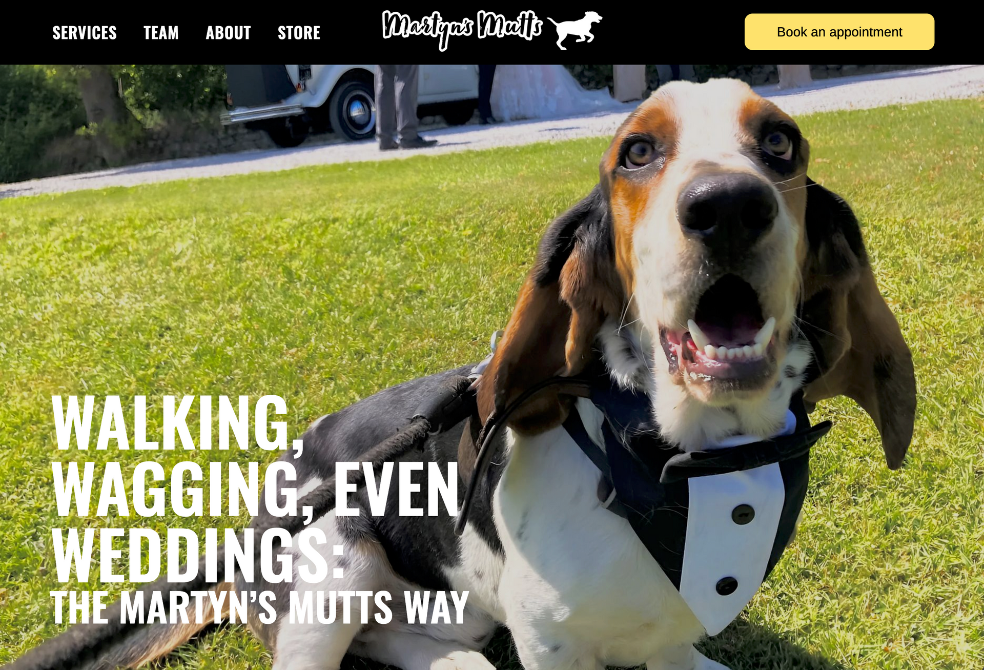 Dog in a tuxedo stands on grass at a wedding venue, with text: “Walking, Wagging, Even Weddings. The Martens’ Mutts Way.”