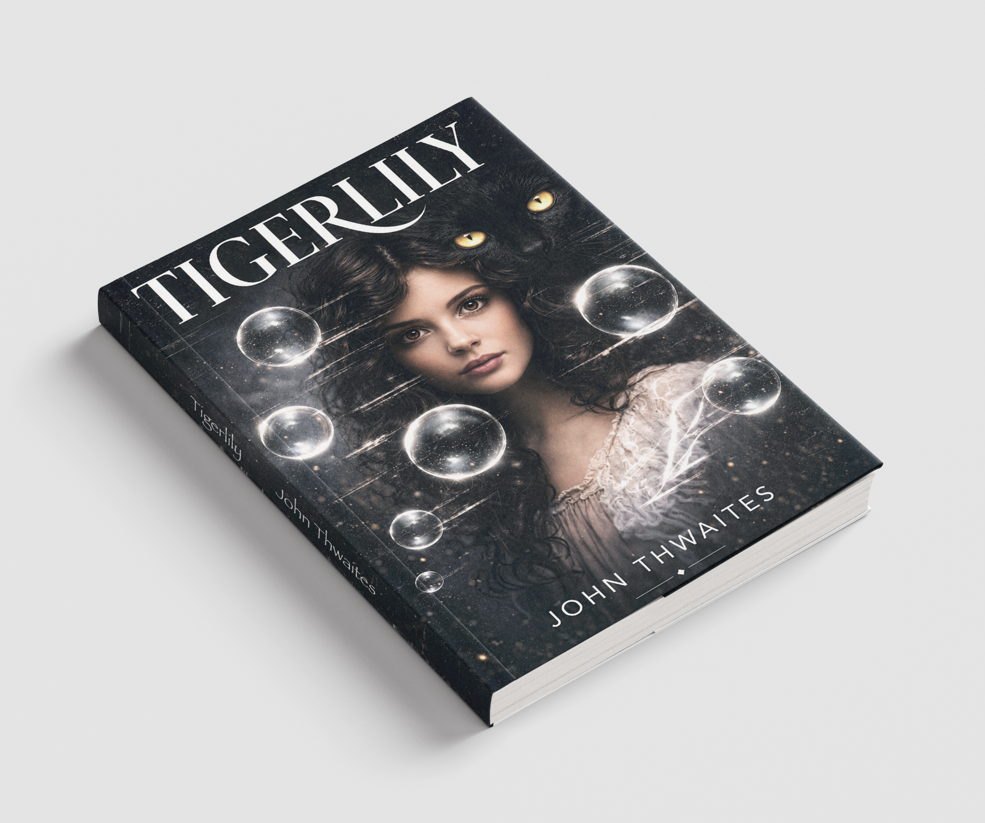Tiger Lily book cover with a woman’s portrait and floating bubbles on a dark background