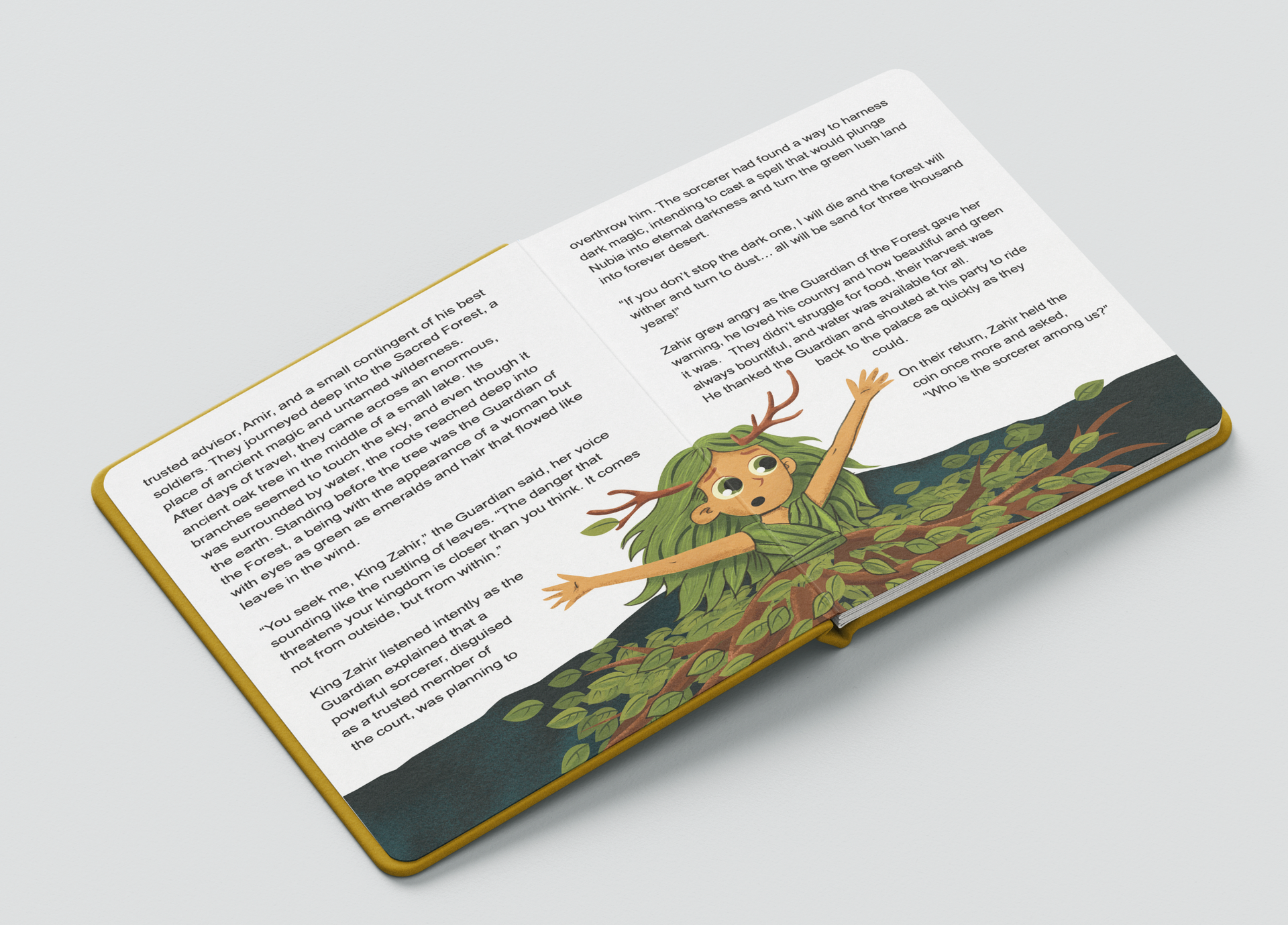 Open book with printed text and a colorful illustrated character on the pages.