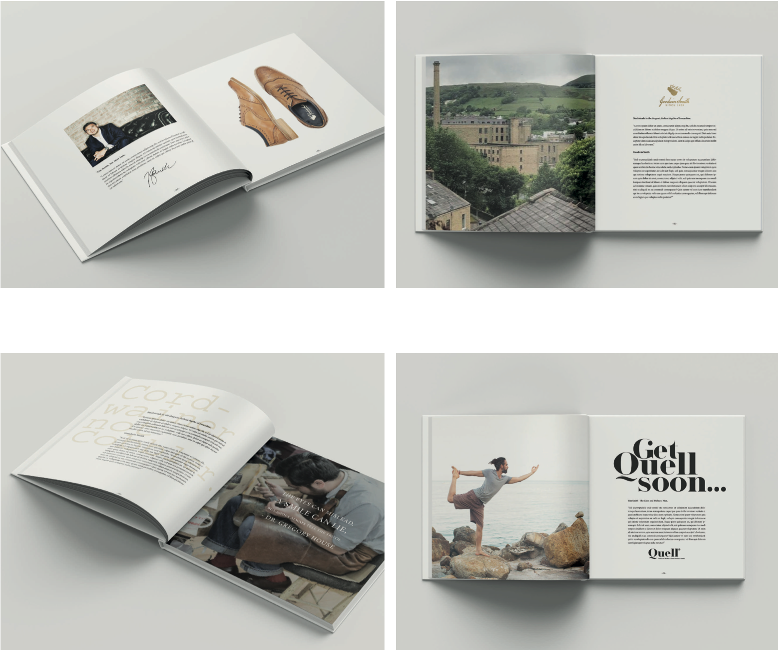 Catalog of four minimalist booklet mockups with open spreads on a light gray background