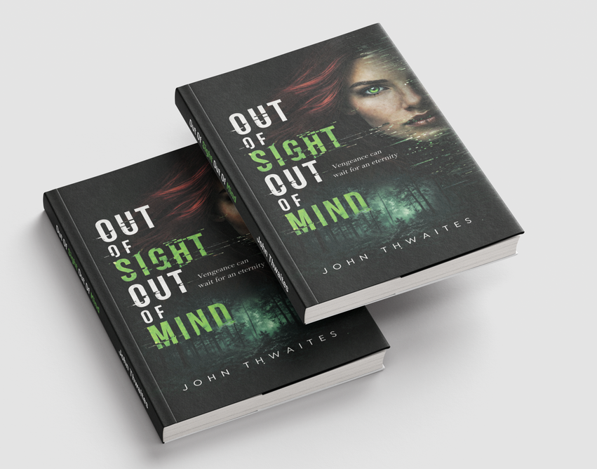 Two stacked black books with colorful “Out of Sight, Out of Mind” covers and a woman’s face