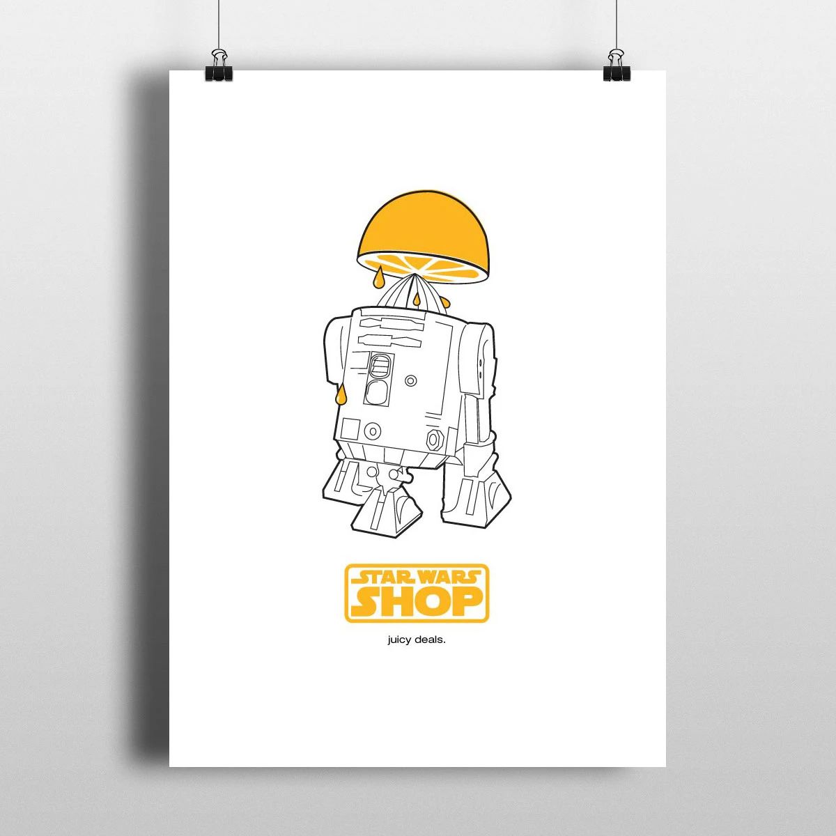 Minimal black-and-white poster with a yellow hard hat illustration and orange “START UP SHOP” text on white background