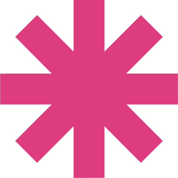 Pink asterisk-like symbol with eight thick rays on a white background