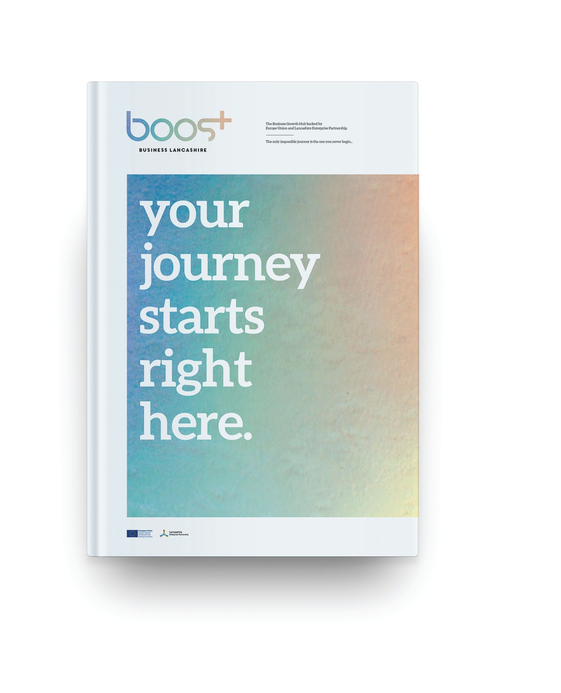 Poster with blue and pastel gradient text reading “your journey starts right here.”
