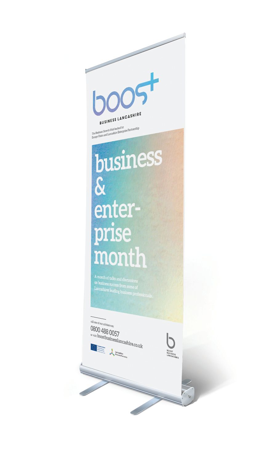 Vertical banner for Boost Business & Enterprise Month with blue, peach, and green gradient text