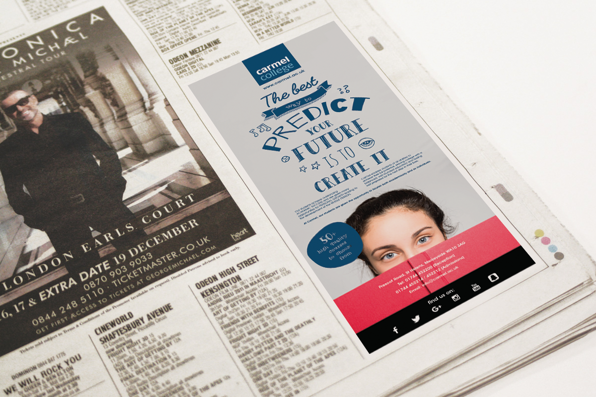 Opened newspaper or magazine spread showing print ads and a smartphone ad on a white table