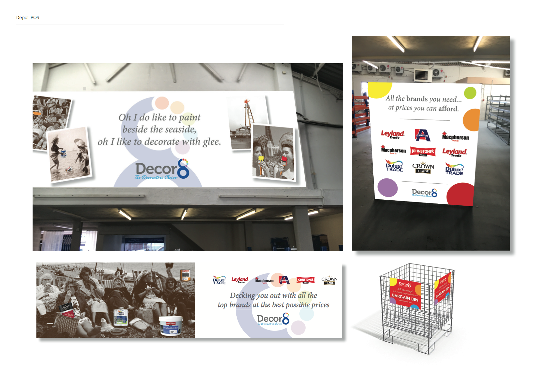 Collage of storefront and display panels with colorful logos, posters, and event images