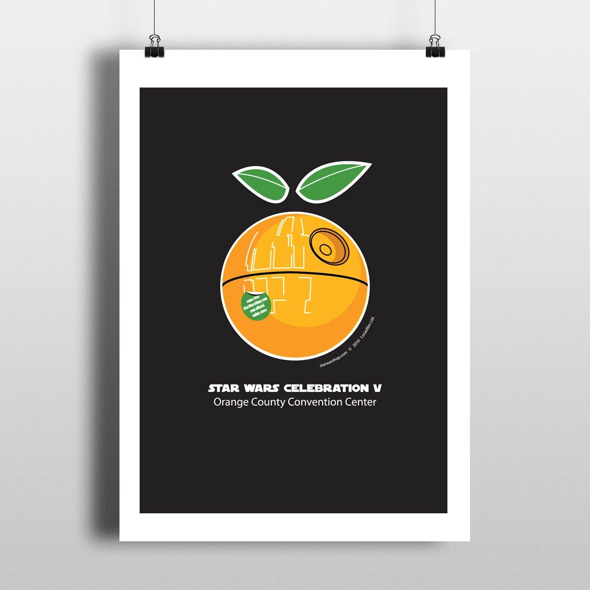 Orange illustration with green leaves and small text on a black poster background