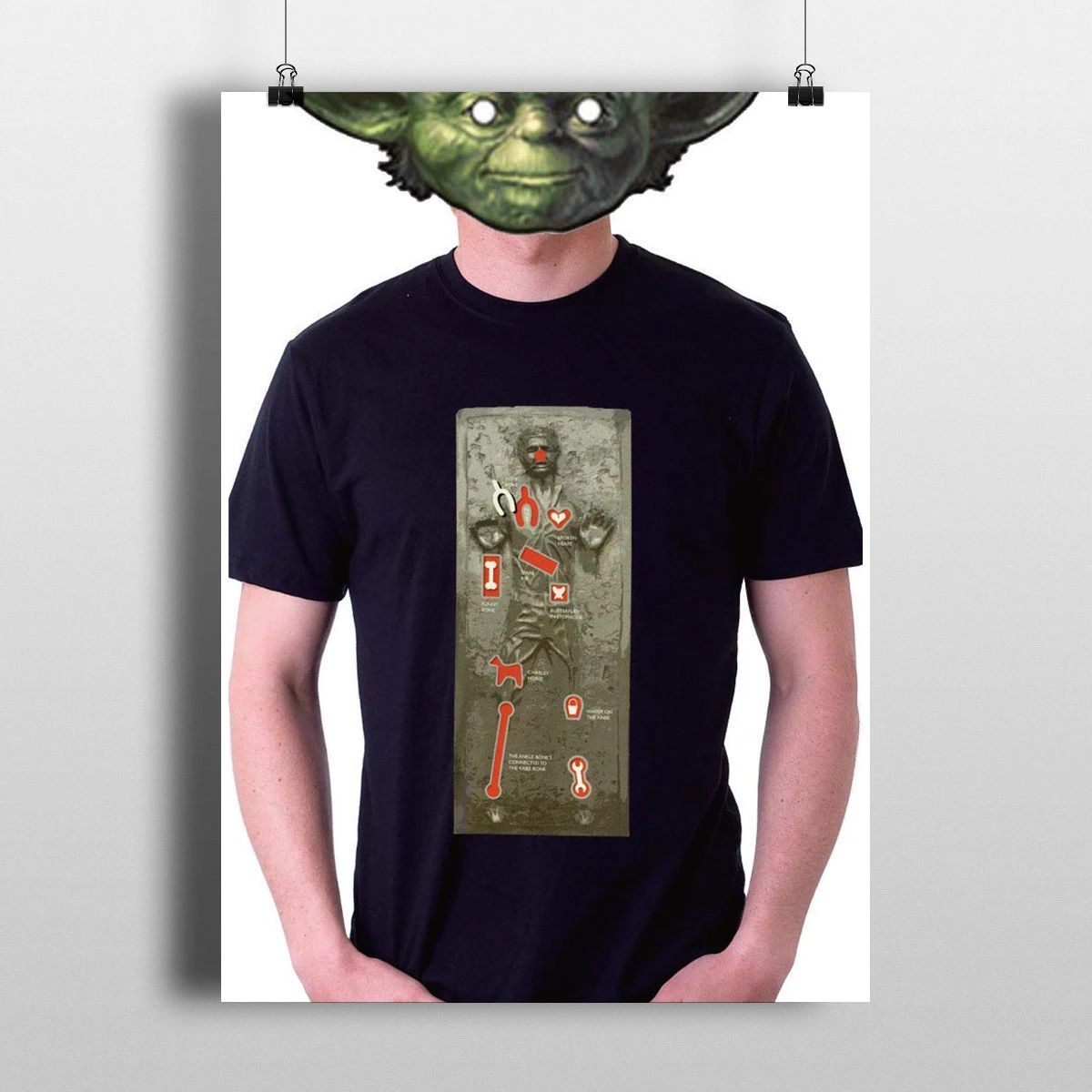 Person wearing a black T-shirt with a Yoda graphic and red markings, standing against a white background