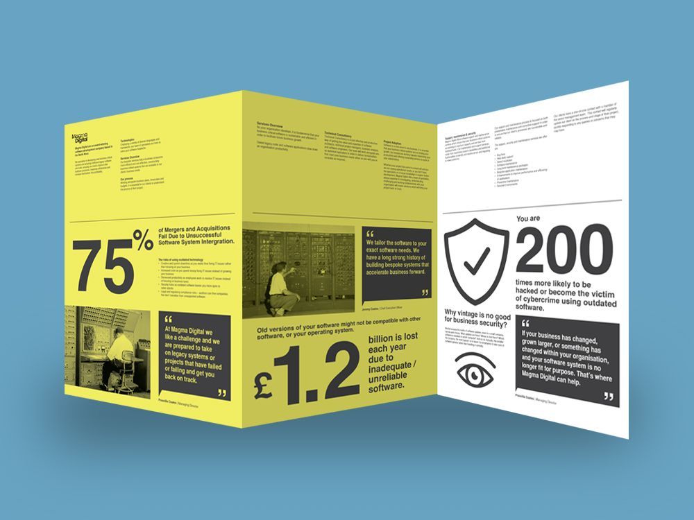 Yellow folding brochure with bold 75% and 200 figures on a blue background