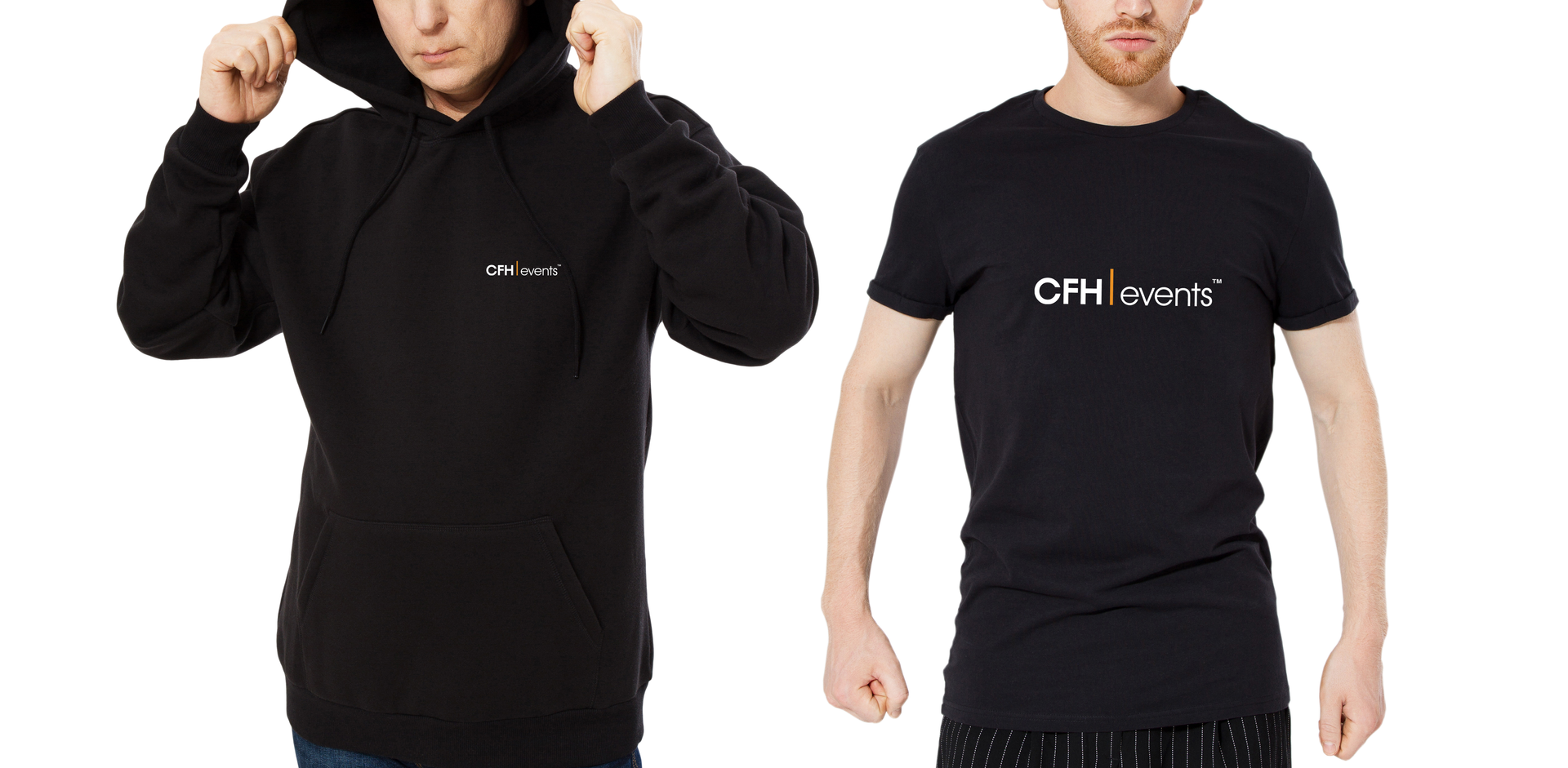 Two men modeling black graphic T-shirts, one with hood up and one standing front-facing