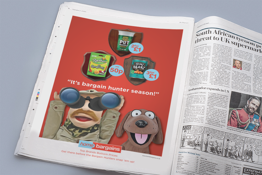 Open magazine showing red page with colorful toy characters and a facing article page