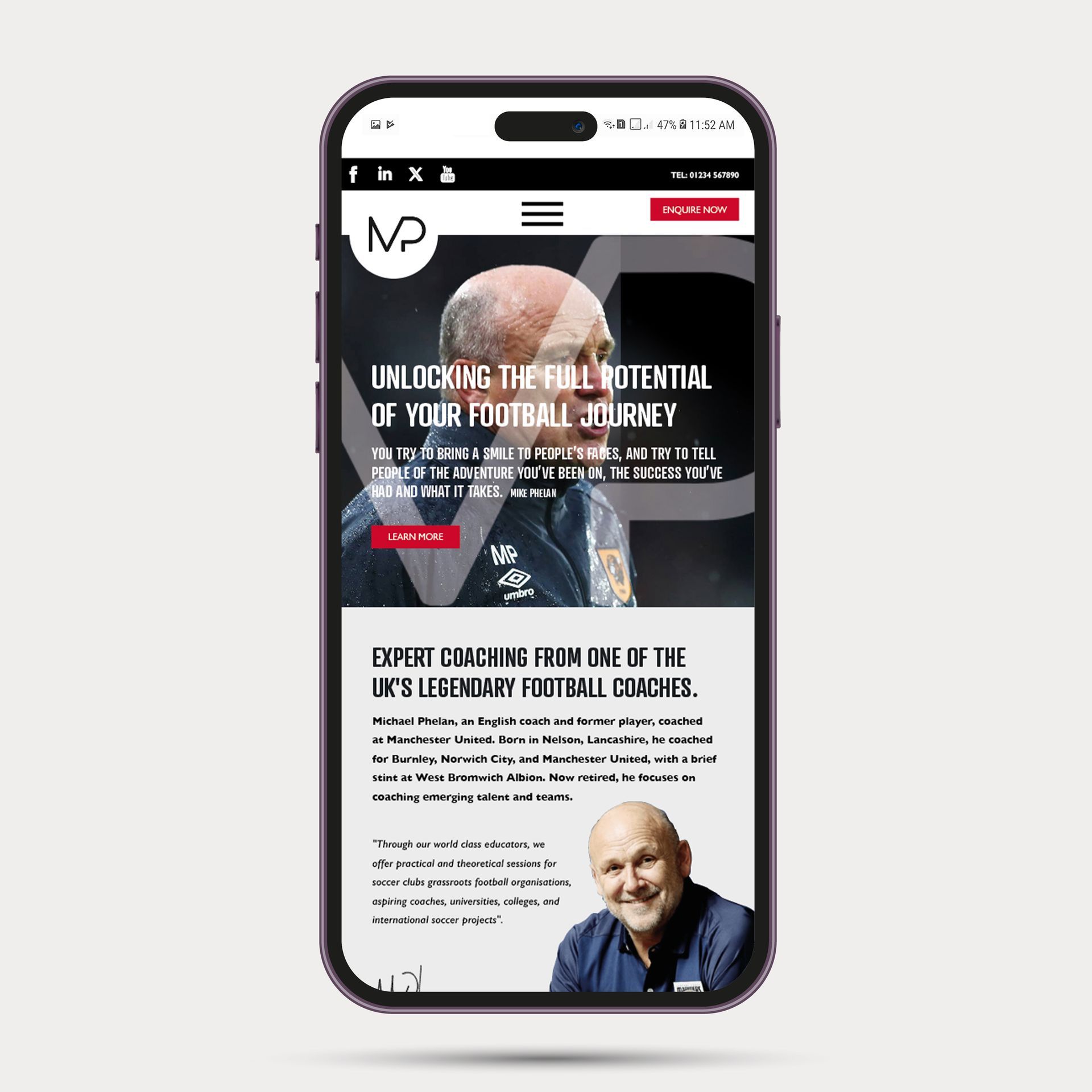 Mobile view of a nonprofit website with a black header, white text, and a portrait of a smiling man below.