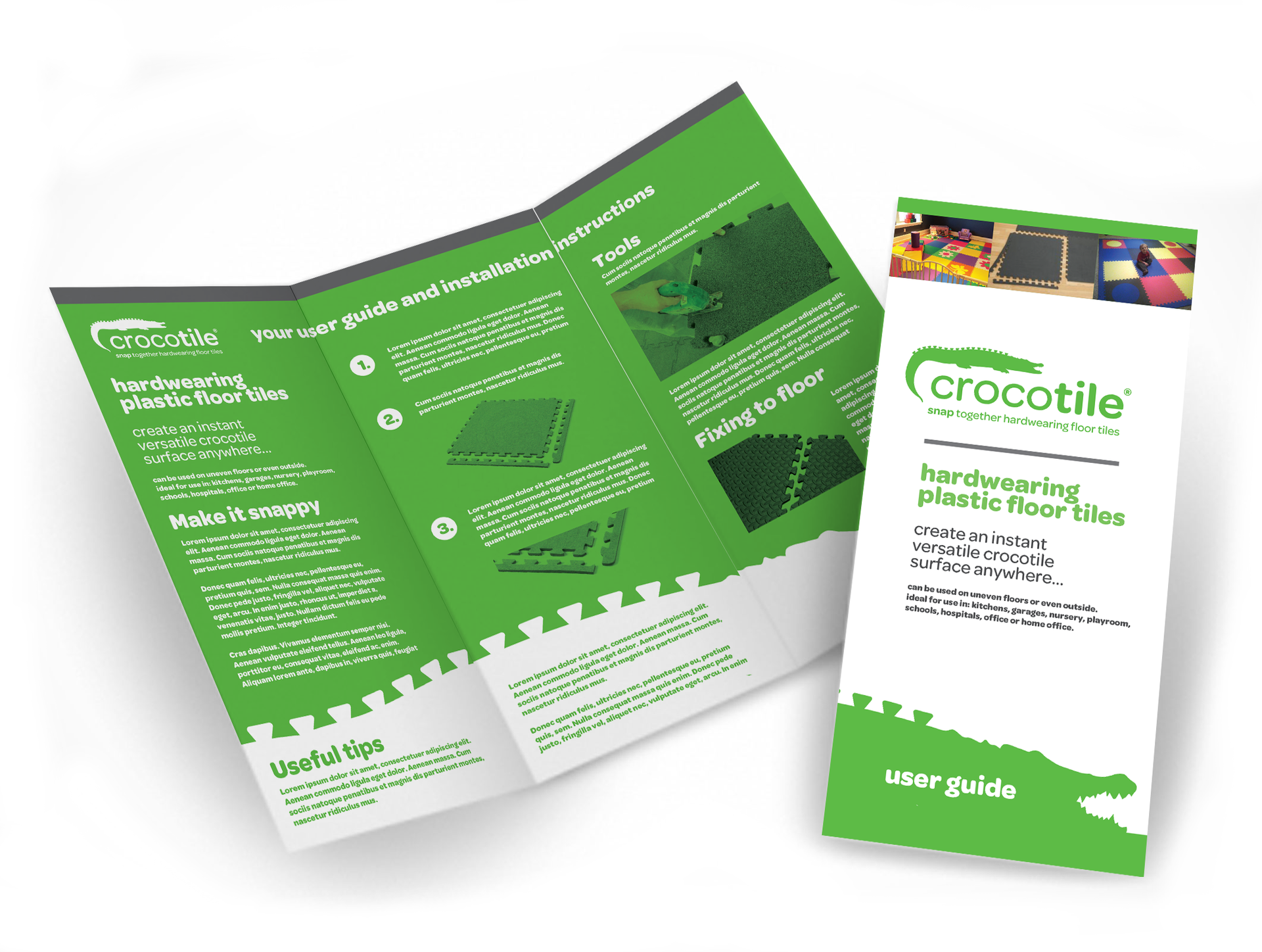 Green tri-fold brochure and matching white-green leaflet with colorful header, laid out on a white background