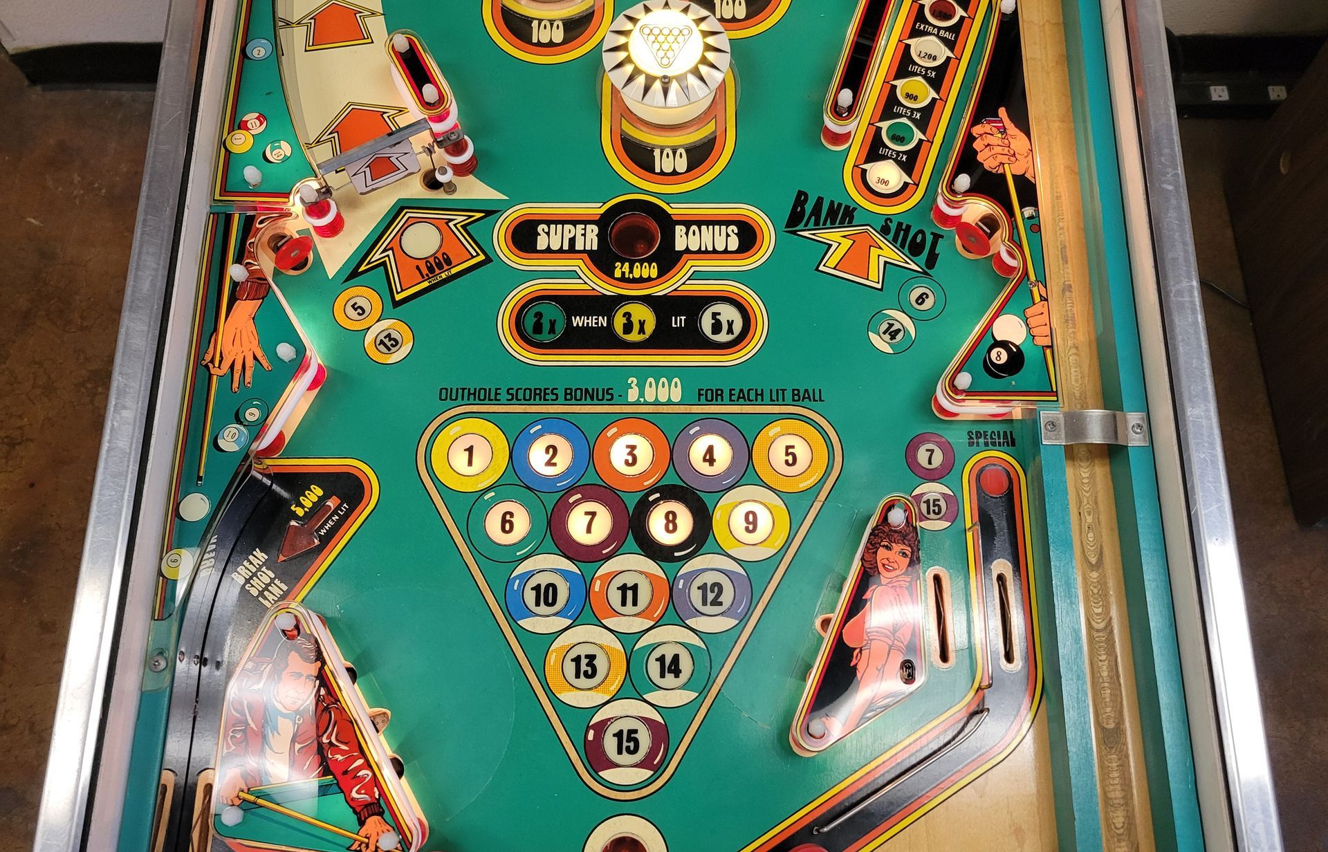 A pinball machine with pool balls on it