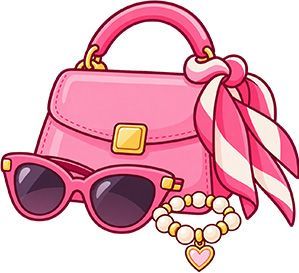 Pink handbag with sunglasses, a striped scarf, and a heart necklace