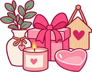 Pink Valentine gift set with a vase, candle, ribboned box, heart bowl, and hanging heart ornament