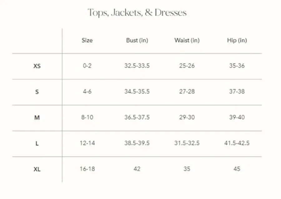 Size chart for tops, jackets, and dresses with bust, waist, and hip measurements.