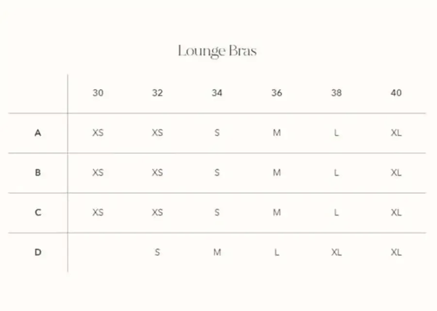 Size chart table showing lengths 30–40 and rows A–D with sizes XS to XL.