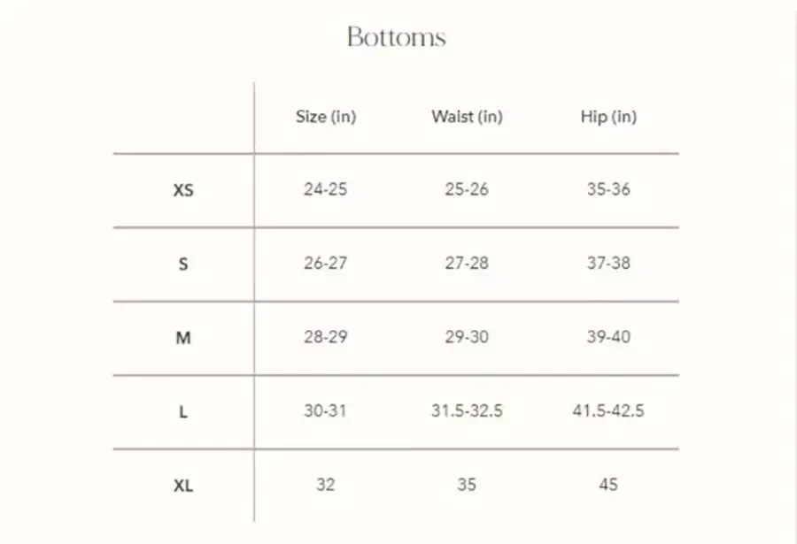 Bottoms size chart showing XS-XL with waist and hip measurements in inches.